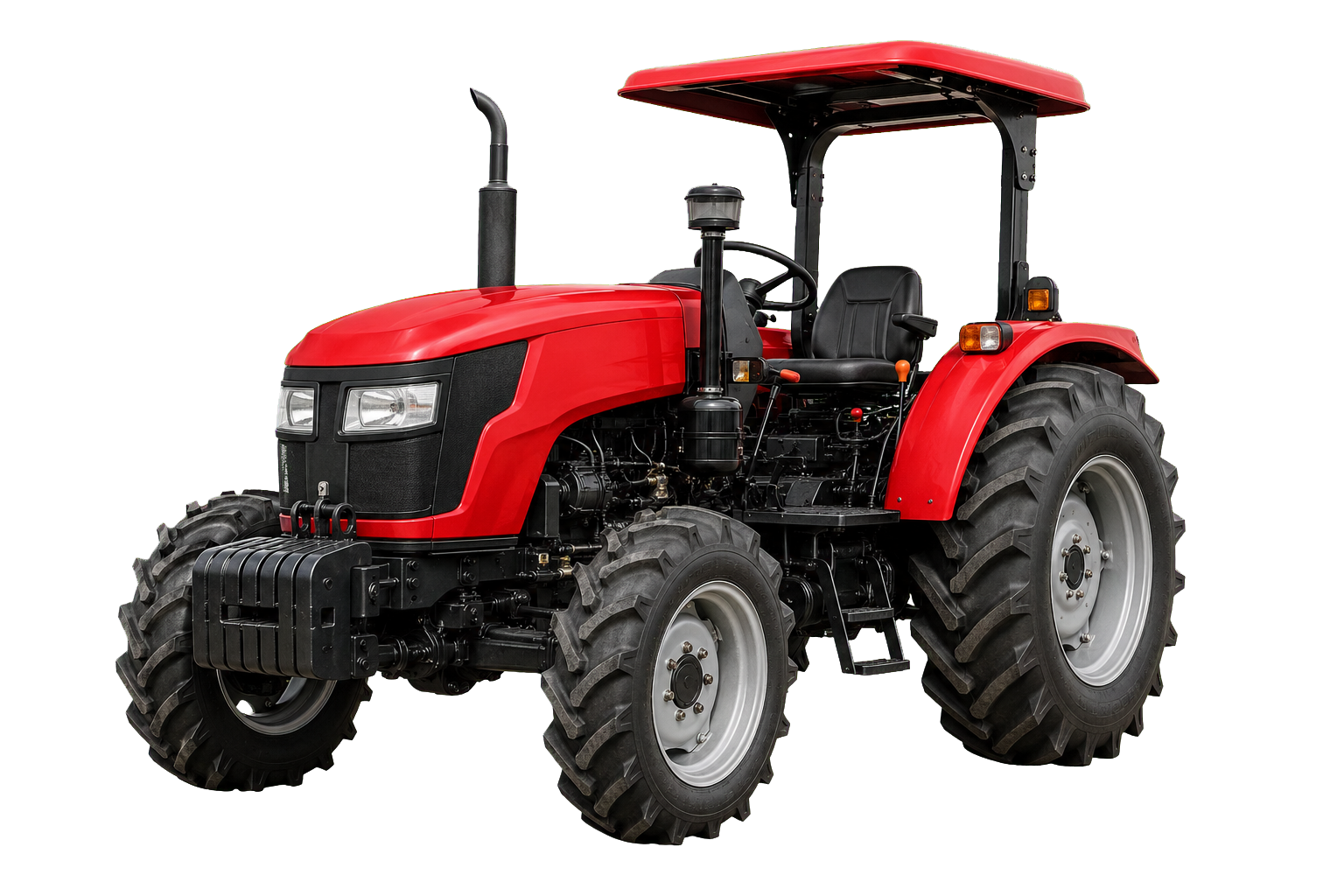 Red four-wheel-drive agricultural tractor with canopy